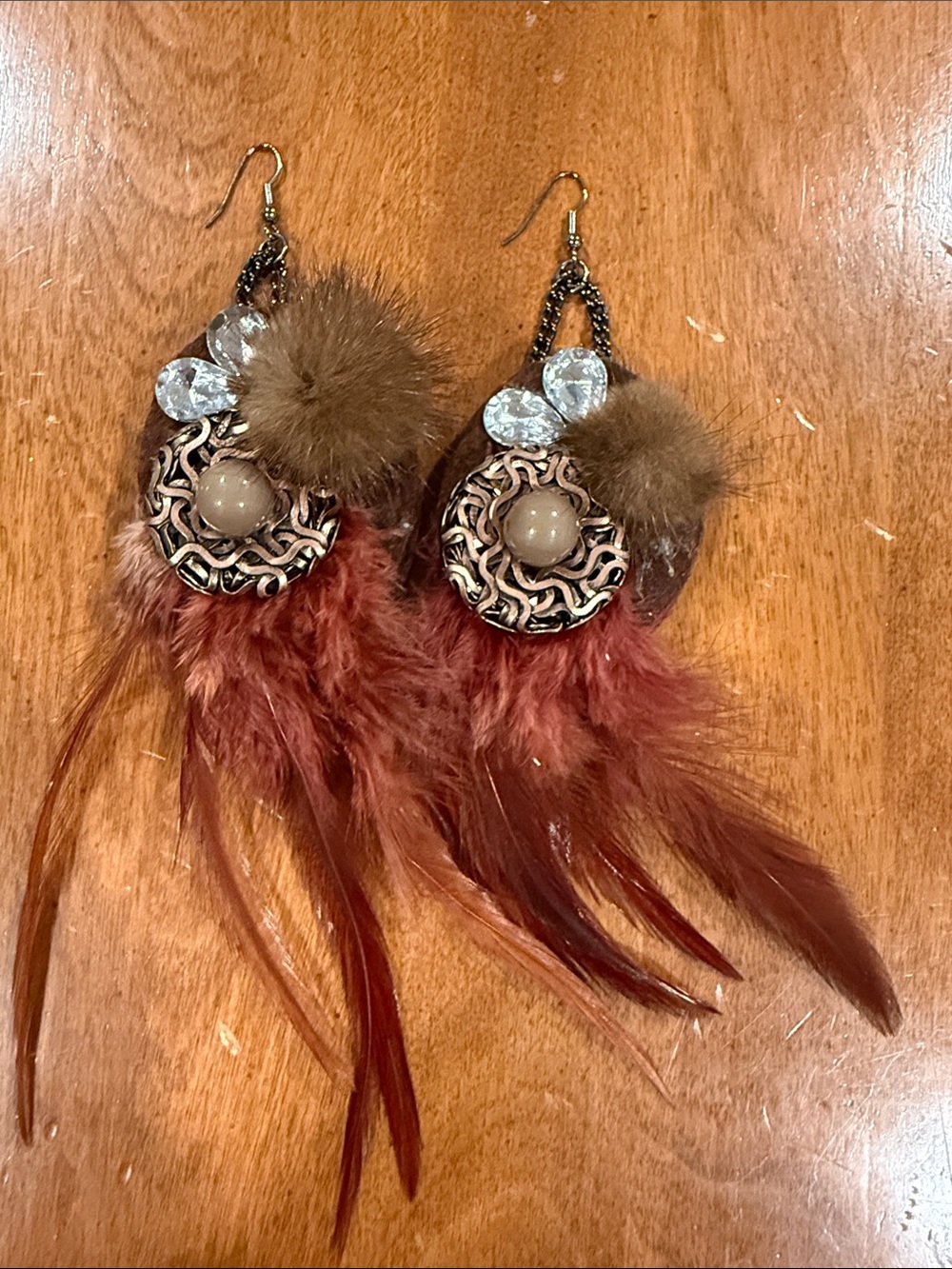 Boho Mink accents and Feather & Pom Drop Earrings in Brown and Rust